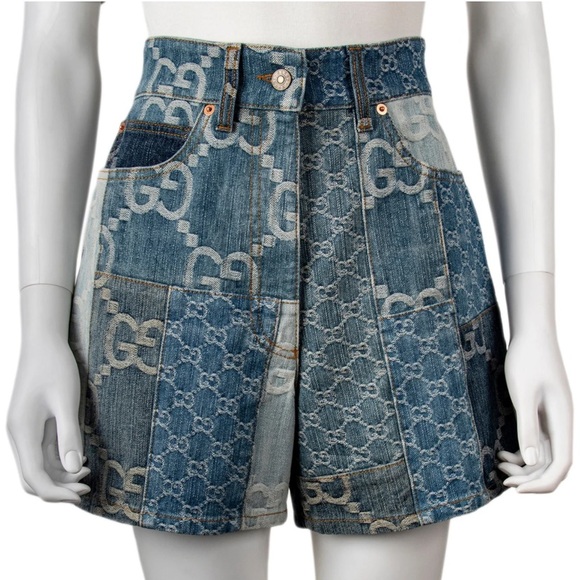 Gucci Pants - Gucci GG-Embroidered Denim Patchwork Logo Shorts